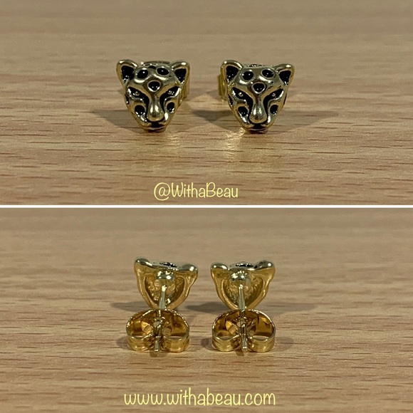Black and Gold Tone Panther Cat Earrings - Challa - Picture 3 of 3